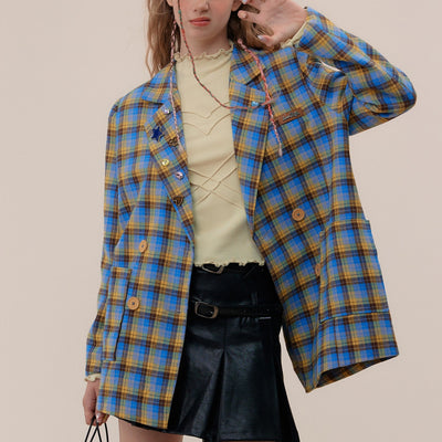 Blazer Casual para Mujer con Cuadros Azul y Amarillo - Image 3