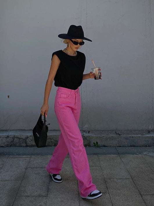 Jeans Rojos de Cintura Alta y Pierna Recta Ancha para Mujer - Image 24