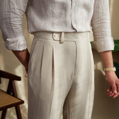 Pantalones Seersucker de Cintura Alta para Hombre - Corte Recto Casual - Image 5