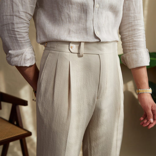 Pantalones Seersucker de Cintura Alta para Hombre - Corte Recto Casual - Image 5