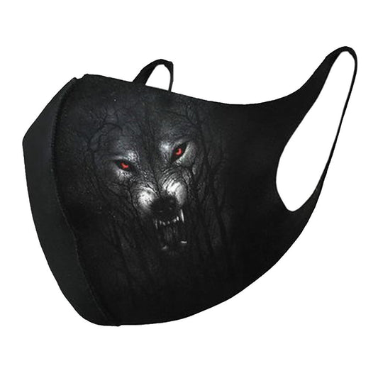 Black face mask with a snarling wolf graphic featuring glowing red eyes and bared fangs.