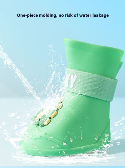 Four yellow silicone dog booties with a cartoon dog face emblem and "LUCKY" strap on a light blue background. - Image 15