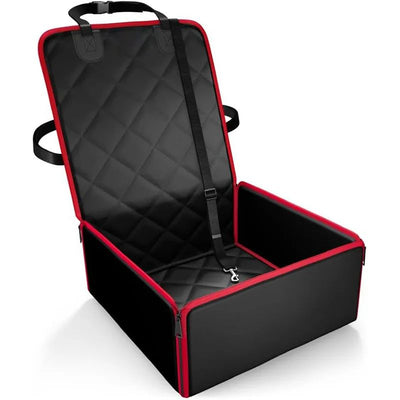 Black quilted pet car seat booster with adjustable straps and a leash attachment, designed for front seat use. - Image 2