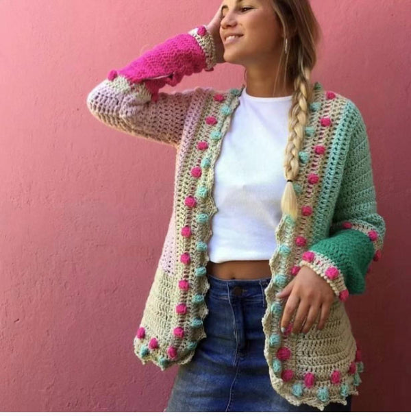 Suéter Tejido a Mano Jacquard Combinado - Manga Larga Estilo Vacacional