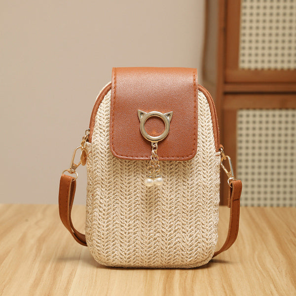 Bolsa para Teléfono de Paja con Perla y Borla Elegante