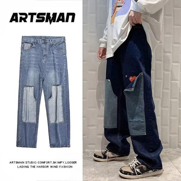 Jeans Vintage Americano con Parches para Hombre - Estilo Trendy