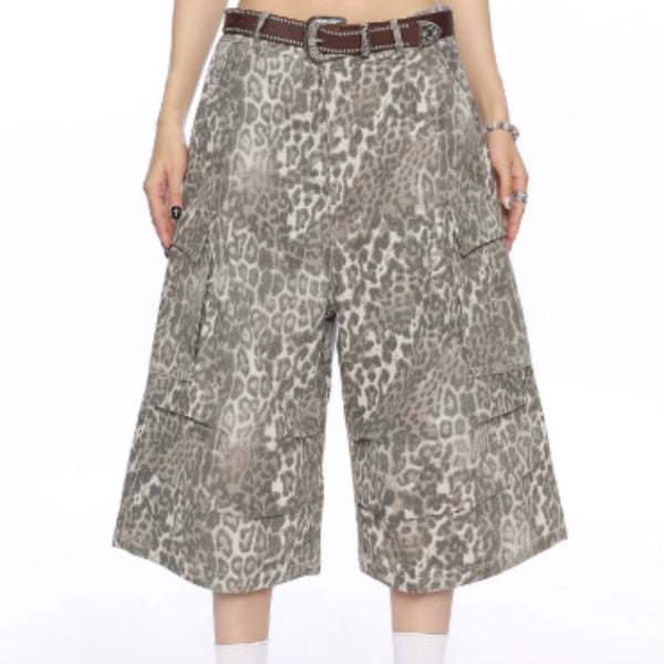 Pantalones Capri Cargo Denim Estampado Leopardo para Mujer Verano