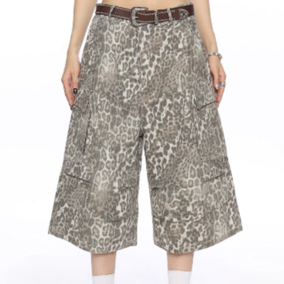 Pantalones Capri Cargo Denim Estampado Leopardo para Mujer Verano