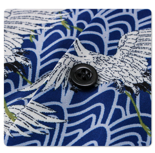 Camisa Suelta Estampada Grúa Azul y Blanco Manga Corta - Image 8