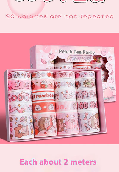 Set of 20 rolls of cute cartoon washi tape in a pink 'Peach Tea Talk' gift box, featuring peach, strawberry, and bear designs. - Image 13
