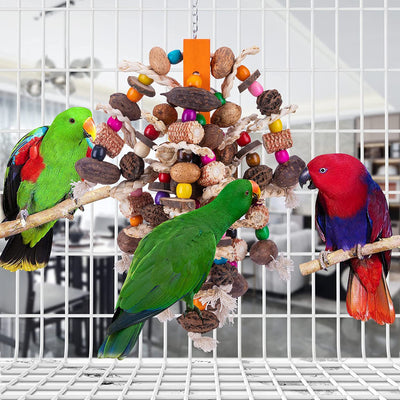Colorful wooden bird toy with natural pods and beads, hanging in a cage for large and medium parrots. - Image 2