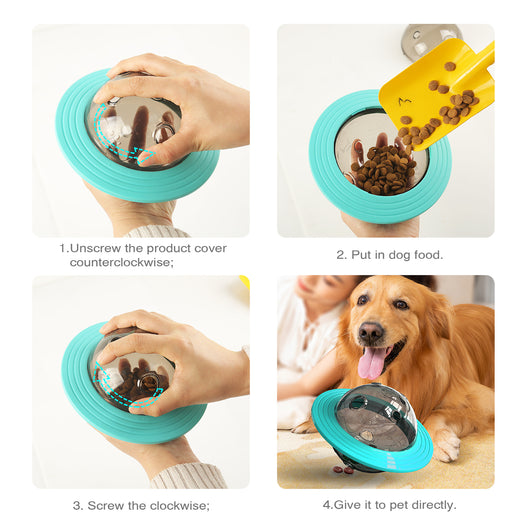 Clear dog treat dispensing ball with a yellow ring, resembling Saturn, featuring paw prints and bone designs. - Image 4