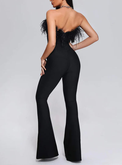 Jumpsuit Largo Elegante con Plumas y Moño Reductor - Image 5
