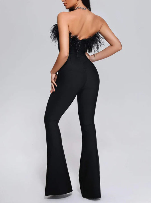 Jumpsuit Largo Elegante con Plumas y Moño Reductor - Image 5