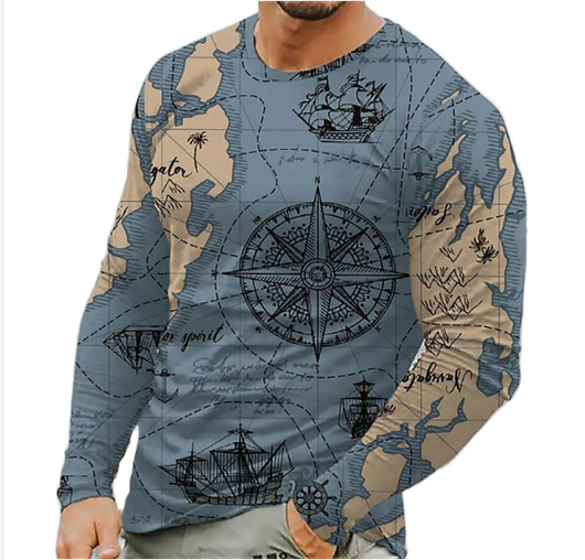 Camiseta Manga Larga Brújula Náutica Hombre Cuello Redondo Suelta Navegante - Image 9