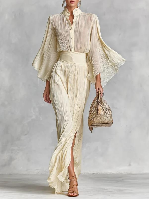 Conjunto Dos Piezas: Blusa Plisada con Mangas Anchas y Falda Maxi - Image 6