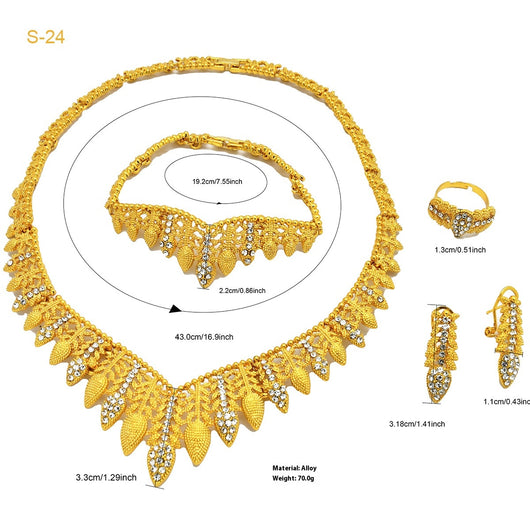 Women's Saudi bridal four-piece gold-colored jewelry set with floral and leaf designs, featuring a necklace, bracelet, earrings, and ring. - Image 18