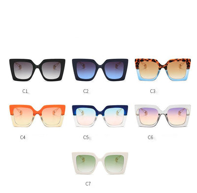 Women's black square frame sunglasses with blue gradient lenses and gold metal temples featuring a pearl accent. - Image 10