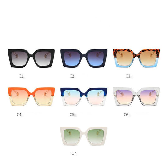 Women's black square frame sunglasses with blue gradient lenses and gold metal temples featuring a pearl accent. - Image 10