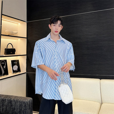 Cardigan Suelto Azul Rayado con Costuras Irregulares para Hombre - Image 9