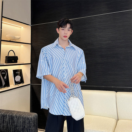 Cardigan Suelto Azul Rayado con Costuras Irregulares para Hombre - Image 9