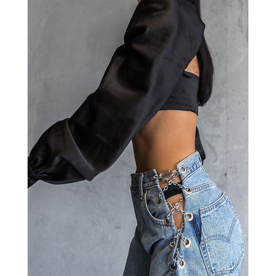 Pantalones Vaqueros Talle Alto con Diseño de Cadena Metálica - Image 5