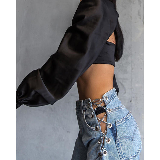 Pantalones Vaqueros Talle Alto con Diseño de Cadena Metálica - Image 5