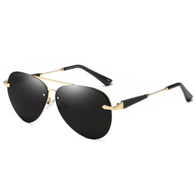 Classic rimless aviator sunglasses with black metal frames and dark black-gray polarized lenses on a white background. - Image 4