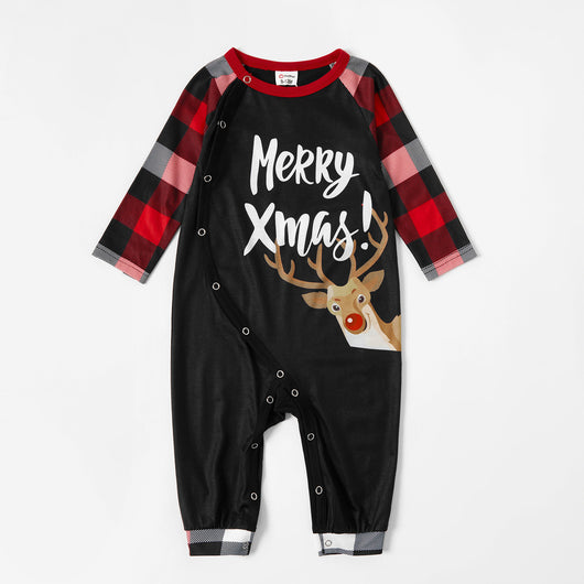 Black and red long-sleeve Christmas top with reindeer and "Merry Xmas!" text, paired with red, black, and white plaid pants. - Image 5