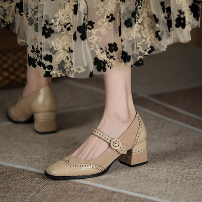 Zapatos Mary Jane Vintage con Tacón Grueso y Punta Cuadrada para Mujer