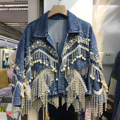 Chaqueta Denim Industrial con Perlas y Borlas