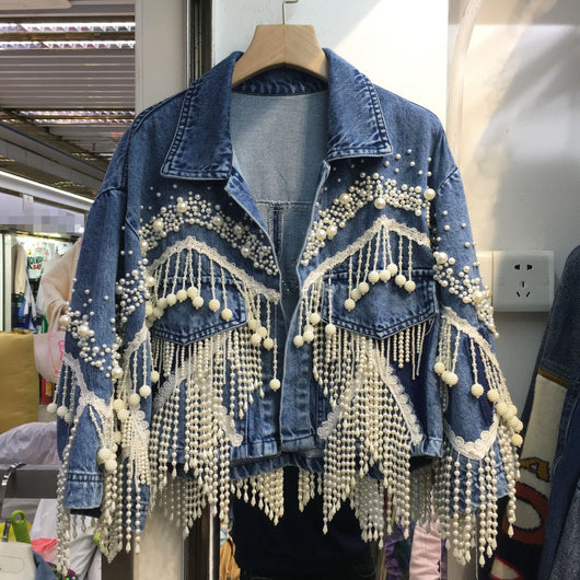 Chaqueta Denim Industrial con Perlas y Borlas