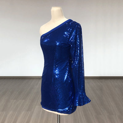 Vestido Azul con Lentejuelas en Hombros y Manga Larga Ajustado - Image 17