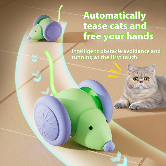 Green and purple electric mouse car cat toy with a glowing tail on a woven mat, designed for interactive play. - Image 2