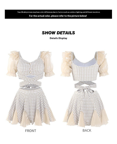 Women's conservative two-piece swimsuit with beige and white houndstooth pattern, sheer puff sleeves, and a flared skirt. - Image 17