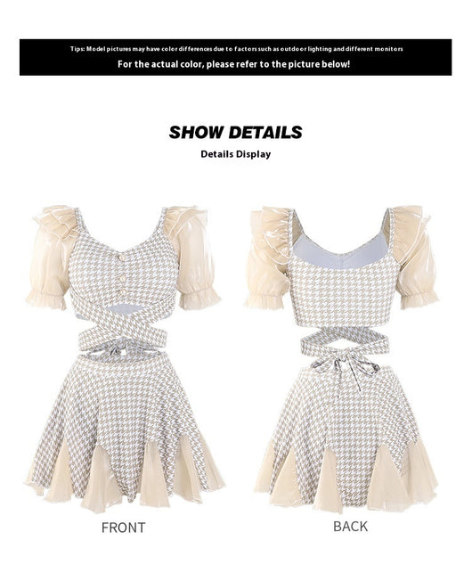Women's conservative two-piece swimsuit with beige and white houndstooth pattern, sheer puff sleeves, and a flared skirt. - Image 17