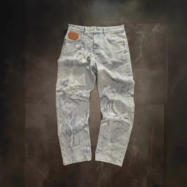 Jeans Casual Desgastados con Efecto Graffiti - Estilo Urbano Versátil