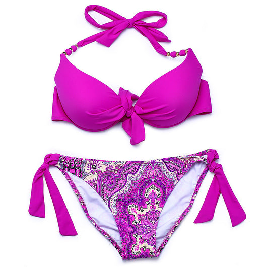 Hot pink halter bikini top with front knot and gold beads, paired with a colorful paisley tie-side bikini bottom. - Image 8