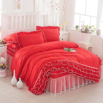 Juego de Cama Princesa con Encaje - Cubrecama Estilo Falda de Cama Cuatro Piezas Color Sólido - Image 2