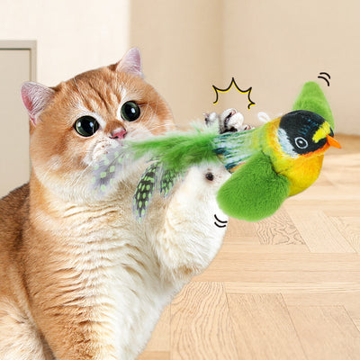 Colorful bird cat toy with green fluffy wings, black head, yellow face, orange beak, and spotted tail feathers. - Image 9