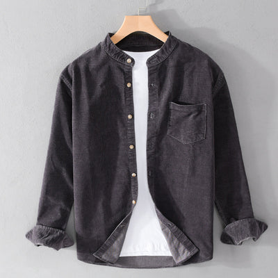 Camisa Retro de Pana para Hombre con Cuello Mao de Manga Larga - Image 3