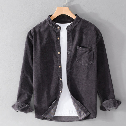 Camisa Retro de Pana para Hombre con Cuello Mao de Manga Larga - Image 3