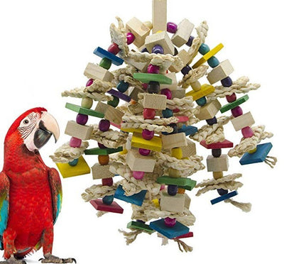 Colorful bird toy made of natural wood blocks, beads, and corn husk strips, with a red and green macaw. - Image 10