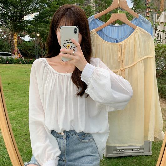 Blusa Suelta de Chifón Manga Larga con Cordones Delantero y Trasero - Image 3