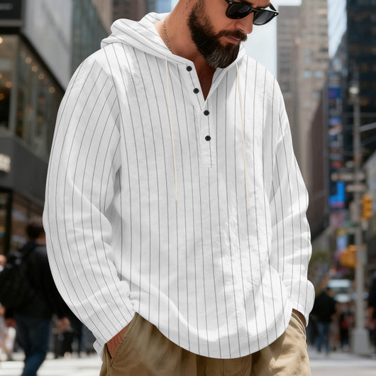 Camisa Lino Holgada Talla Grande Hombre a Rayas con Capucha - Image 17
