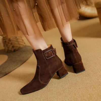 Botas Tobilleras de Tacón Grueso con Hebilla de Cuero Estilo Retro