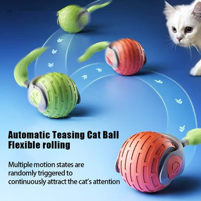 Orange and grey smart pet cat ball, an automatic electric rolling toy with a textured surface and power button. - Image 2