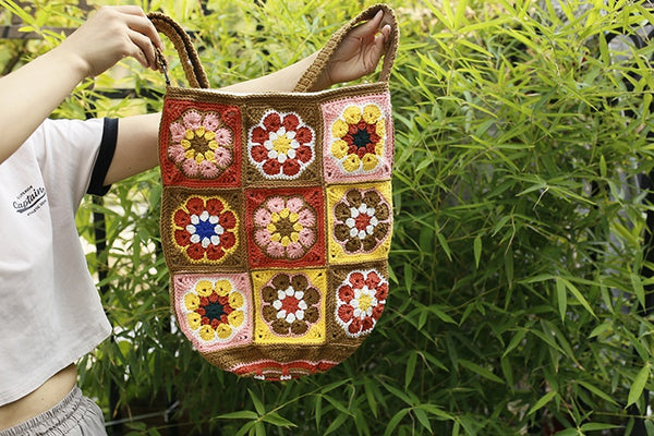 Bolsa Bucket Artesanal Tejida a Mano con Estilo Étnico Cuadros Abuela