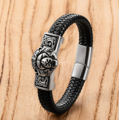 Pulsera de Cuero Personalizada con Cabeza de León Retro para Hombre - Image 7