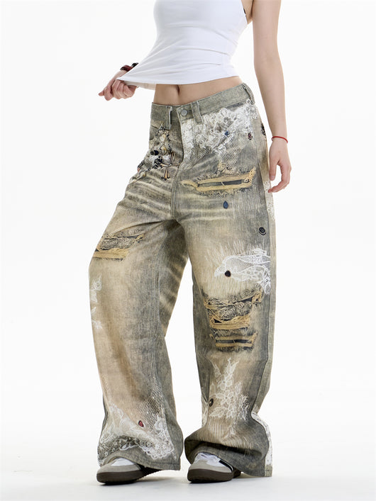 Pantalones Vaqueros Estampado Cruzado Mujer Pierna Ancha - Image 14
